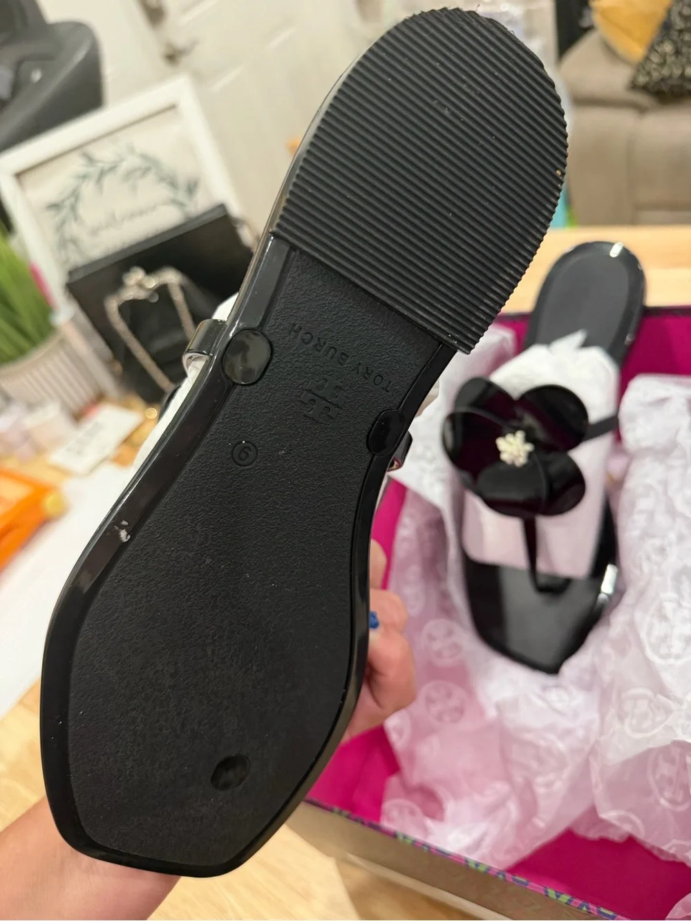 Tory Burch Black Floral Jelly Sandals with Ivory Center
